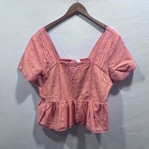 Women's Midnight Sky Coral Peplum Top XL Square Neck Short Sleeve Linen Blend‎